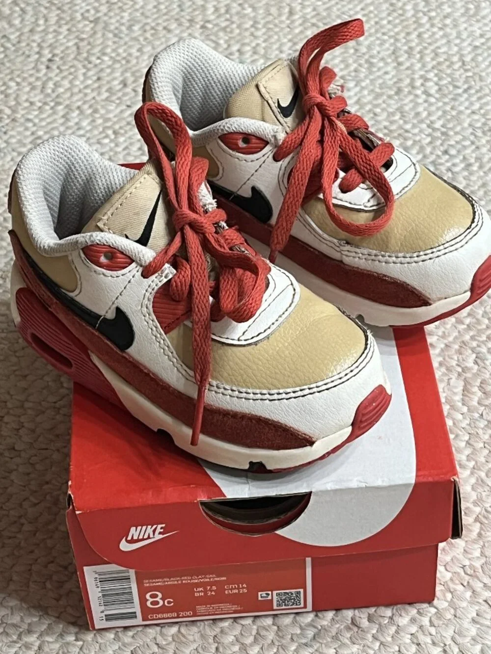 NIKE Air Max 90 Toddler Boy's Size 8C Sesame Red Black Boxed Sneakers CD6868-200